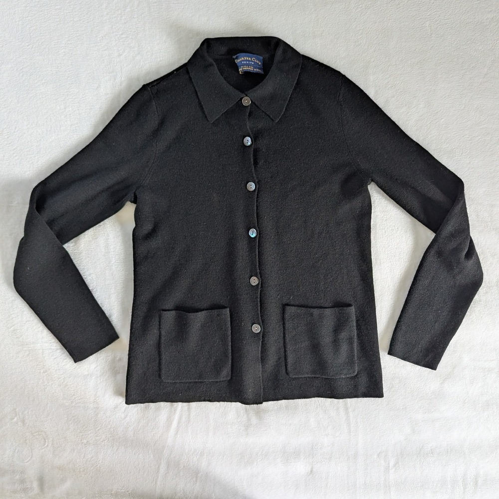 Charter Club Petite Black Extra Fine Italian Merino Wool Women Cardigan Sweater